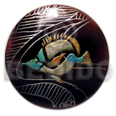 round 40mm blacktab  handpainted design - fish / embossed hand painted using japanese materials in the form of maki-e art a traditional japanese form of hand painting - Hand Painted Pendants