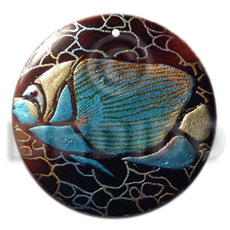 round 40mm blacktab  handpainted design - fish / embossed hand painted using japanese materials in the form of maki-e art a traditional japanese form of hand painting - Hand Painted Pendants