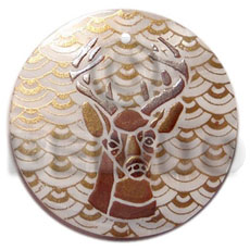 round 40mm hammershell  handpainted design - reindeer / embossed hand painted using japanese materials in the form of maki-e art a traditional japanese form of hand painting - Hand Painted Pendants