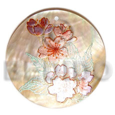 round 40mm MOP  handpainted design - floral / embossed hand painted using japanese materials in the form of maki-e art a traditional japanese form of hand painting - Hand Painted Pendants