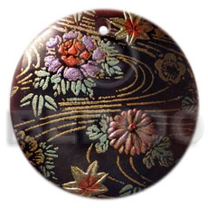 round 40mm blacktab  handpainted design - floral / embossed hand painted using japanese materials in the form of maki-e art a traditional japanese form of hand painting - Hand Painted Pendants