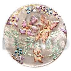 round 40mm hammershell  handpainted design - floral / embossed hand painted using japanese materials in the form of maki-e art a traditional japanese form of hand painting - Hand Painted Pendants