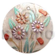 round 40mm hammershell  handpainted design - floral / embossed hand painted using japanese materials in the form of maki-e art a traditional japanese form of hand painting - Hand Painted Pendants
