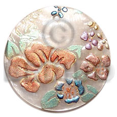 round 40mm hammershell  handpainted design - floral / embossed hand painted using japanese materials in the form of maki-e art a traditional japanese form of hand painting - Hand Painted Pendants