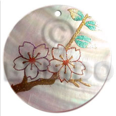 round 50mm kabibe shell  handpainted design - floral / embossed hand painted using japanese materials in the form of maki-e art a traditional japanese form of hand painting - Hand Painted Pendants