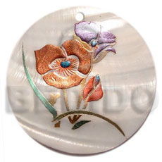 round 50mm kabibe shell  handpainted design - floral / embossed hand painted using japanese materials in the form of maki-e art a traditional japanese form of hand painting - Hand Painted Pendants