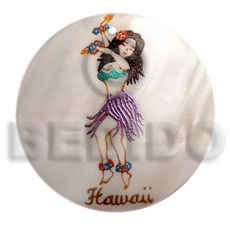 round 40mm kabibe shell  handpainted design -hula girl / embossed hand painted using japanese materials in the form of maki-e art a traditional japanese form of hand painting - Hand Painted Pendants