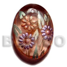 oval 35mmx25mm transparent brown resin  handpainted design - floral / embossed hand painted using japanese materials in the form of maki-e art a traditional japanese form of hand painting - Hand Painted Pendants