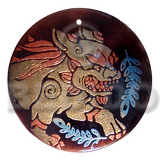 round 50mm blacktab shell  handpainted design -  metallic/embossed / chinese dragon hand painted using japanese materials in the form of maki-e art a traditional japanese form of hand painting - Hand Painted Pendants