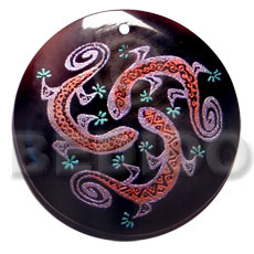 round 50mm blacktab shell  handpainted design -  metallic/embossed / lizard hand painted using japanese materials in the form of maki-e art a traditional japanese form of hand painting - Hand Painted Pendants