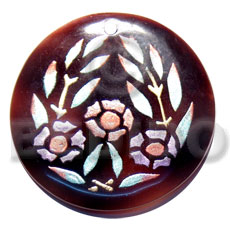 round 50mm blacktab shell  handpainted design -  metallic/embossed / floral hand painted using japanese materials in the form of maki-e art a traditional japanese form of hand painting - Hand Painted Pendants