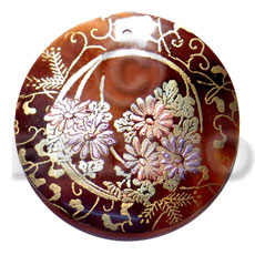 round 50mm blacktab shell  handpainted design -  metallic/embossed / floral hand painted using japanese materials in the form of maki-e art a traditional japanese form of hand painting - Hand Painted Pendants