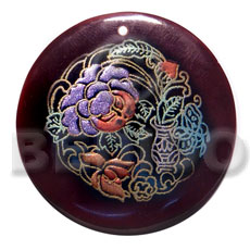 round 50mm blacktab shell  handpainted design -  metallic/embossed / floral hand painted using japanese materials in the form of maki-e art a traditional japanese form of hand painting - Hand Painted Pendants