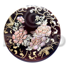 round 50mm blacktab shell  handpainted design -  metallic/embossed / floral hand painted using japanese materials in the form of maki-e art a traditional japanese form of hand painting - Hand Painted Pendants