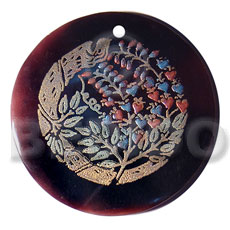 round 50mm blacktab shell  handpainted design -  metallic/embossed hand painted using japanese materials in the form of maki-e art a traditional japanese form of hand painting - Hand Painted Pendants