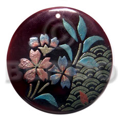 round 50mm blacktab shell  handpainted design -  metallic/embossed / floral hand painted using japanese materials in the form of maki-e art a traditional japanese form of hand painting - Hand Painted Pendants