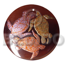 round 50mm blacktab shell  handpainted design -  metallic/embossed / turtles hand painted using japanese materials in the form of maki-e art a traditional japanese form of hand painting - Hand Painted Pendants