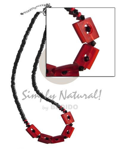 2-3mm black coco heishe  red horn rectangular accent - Horn Necklace