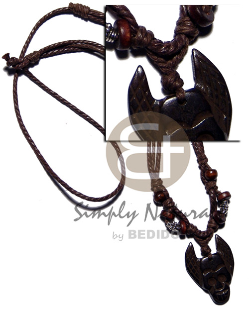 tribal carved 35mmx25mm wooden  pendant  coco Pokalet/wood beads accent in double wax cord / 23in. - Horn Necklace