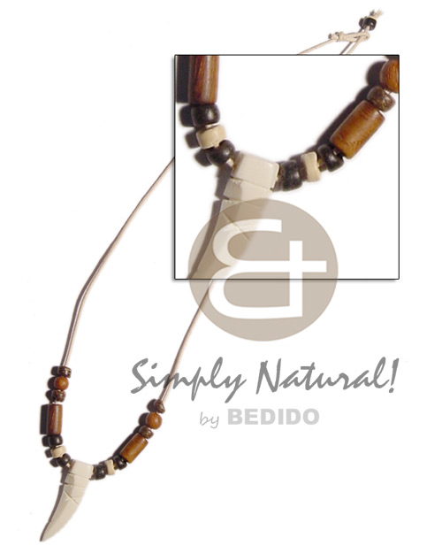 wax cord  coco Pokalet/wood beads & tube  bone tusk pendant - Horn Necklace