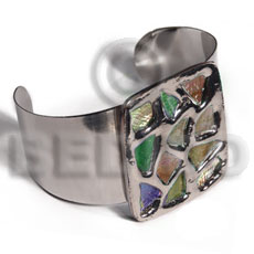 haute hippie 38mmx28mm metal cuff bangle  48mmx40mm rectangular glistening multicolor abalone / molten silver metal series / electroplated - Inlaid Metal Bangles