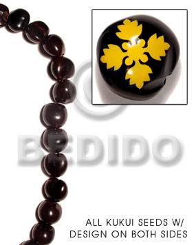 kukui seed / black  flower design on 2 sides / 16 pcs. per strand - Kukui Lumbang Nuts Beads