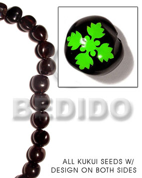 kukui seed / black  flower design on 2 sides / 16 pcs. per strand - Kukui Lumbang Nuts Beads