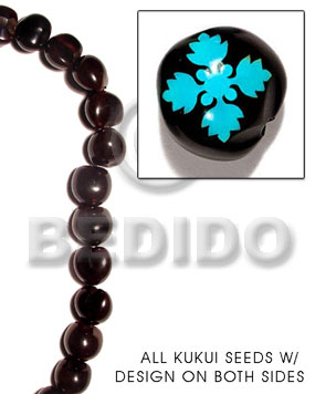 kukui seed / black  flower design on 2 sides / 16 pcs. per strand - Kukui Lumbang Nuts Beads