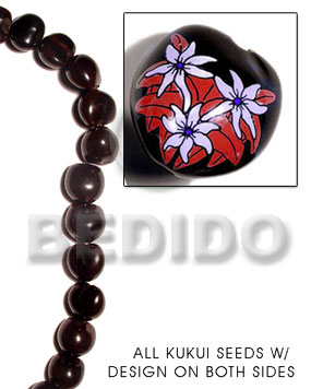 kukui seed / black  flower design on 2 sides / 16 pcs. per strand - Kukui Lumbang Nuts Beads