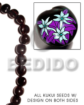 kukui seed / black  flower design on 2 sides / 16 pcs. per strand - Kukui Lumbang Nuts Beads