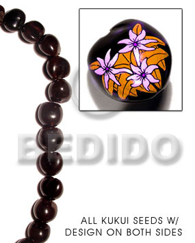 kukui seed / black  flower design on 2 sides / 16 pcs. per strand - Kukui Lumbang Nuts Beads