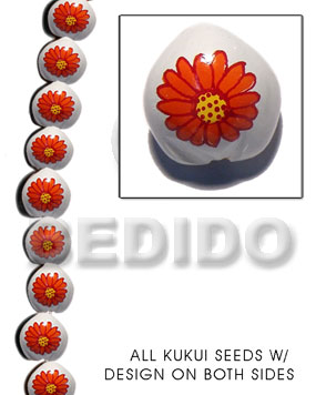 kukui seed / white  flower design on 2 sides / 16 pcs. per strand - Kukui Lumbang Nuts Beads