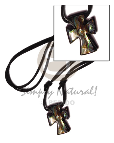 hand made 35mm inlaid paua abalone cross Leather Thong Necklace