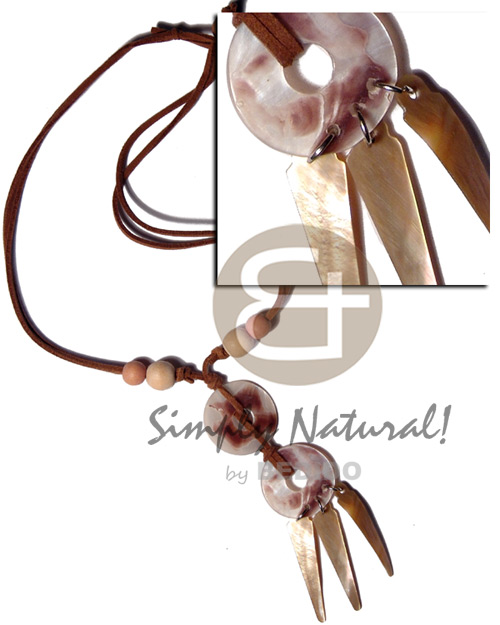 25mm ring hammershells  dangling 40mmx10mm brownlip sticks in double leather thong  wood beads accent - Leather Thong Necklace