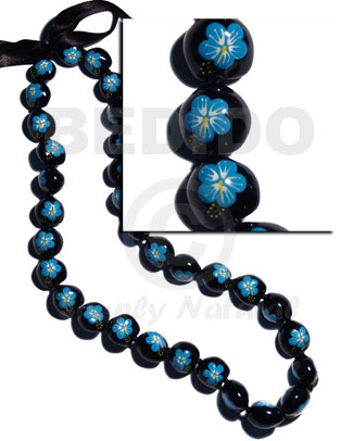 lei / black kukui seeds  handpainted light blue flowers - 32 pcs/ 34 in.adjustable - Leis