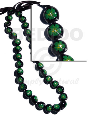 lei / black kukui seeds  handpainted green flowers - 32 pcs/ 34 in.adjustable - Leis