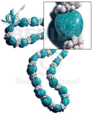 27 pcs. of kukui nuts in high polished paint gloss mableized aqua blue green combination  white mongo shell rings  combination in matching ribbon /lei / 36in - Leis