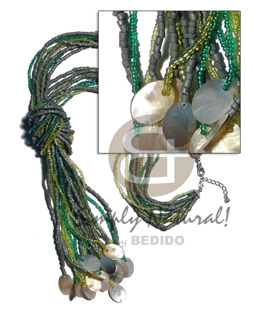 3 rows glass beads & 3 rows green 2-3mm coco heishe  adjustable knot & tassled 20mmx15mm MOP / 42 in - Long Endless Necklace