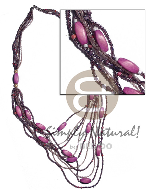 5 rows  graduated multilayered  glass beads   twisted wood beads / lilac tones / 32 in - Long Endless Necklace