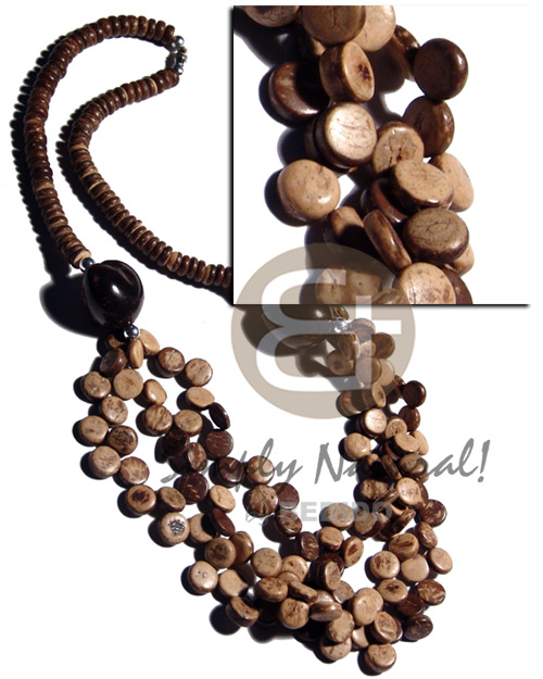 7-8mm coco Pokalet. nat. brown  3 graduated rows tiger 10mm coco sidedrill and brown kukui nuts accent / 26 in. - Long Endless Necklace