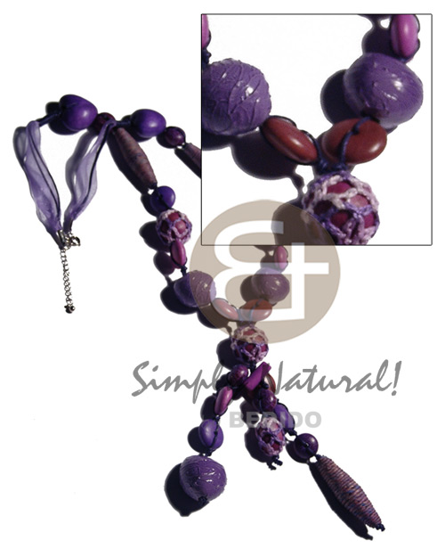 tassled asstd. wood beads  wrappped wood beads, kukui nuts in crumpled painted paper texture on wax cord andribbon  in lavender tones / 28in. - Long Endless Necklace