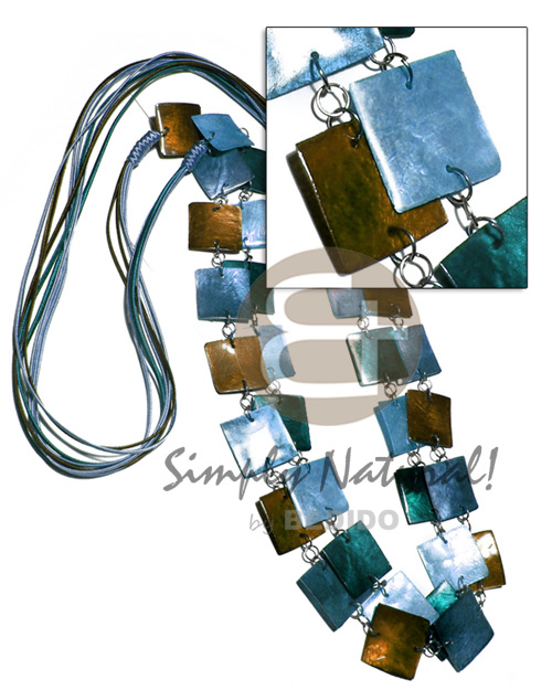 6 layers satin cord    double row 34 pcs. square 25mm laminated capiz in metal rings/  40in / in light blue, blue green and brown tones - Long Endless Necklace