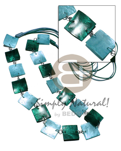 4 layers satin cord    single row 17 pcs. square 25mm laminated capiz in metal rings/  40in / in dark green and sky blue tones - Long Endless Necklace