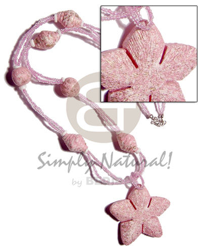 2 layers pink glass beads  asstd wood beads in textured brush paint pink/metallic gold combination and 55mm matching flower pendant/ 26in - Long Endless Necklace