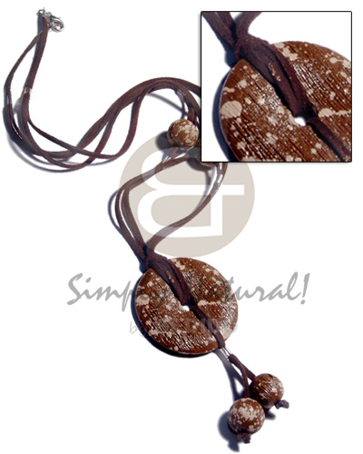 2 rows brown leather thong  15mm round textured brwon marbled wood beads and matching 50mm tassled  wood in donut shape /24in - Long Endless Necklace