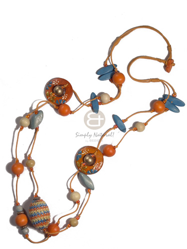 2 rows orange wax cord   asstd wood beads   wrapped 30mmx20mm woods beads and 35mm handpainted wood rings / orange, pastel yellow and blue tones / 34in - Long Endless Necklace