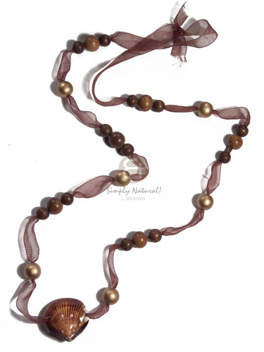 8mm/12mm/10mm round wood beads  cacol shell in organza ribbon / brown and gold tones / 36in - Long Endless Necklace