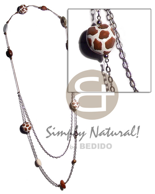 2 pcs. giraffe kukui nuts, wood beads,phil. abalone combination in wax cord  2 graduated rows of metal chain / 44in - Long Endless Necklace