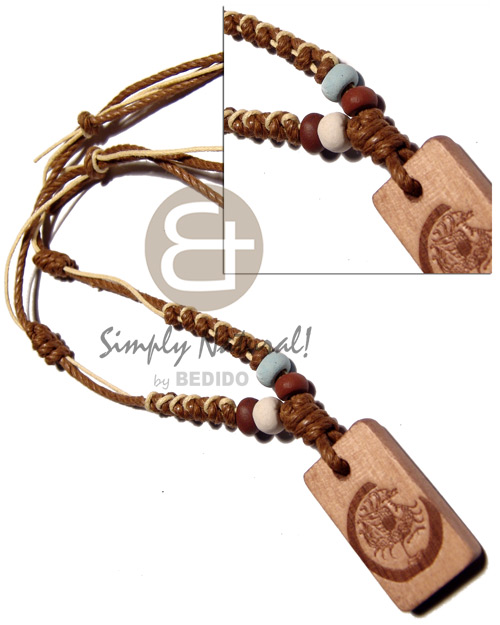 4 layers wax cord in pastel yellobrown tones combination   35mmx20mm rectangular wood  burning pendant / adjustable - Macrame Necklace