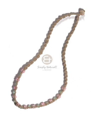 twisted abaca macrame  white rose shells in pastel pink and green combination / 16in - Macrame Necklace